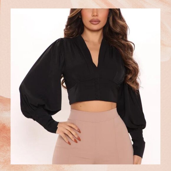 Fashion Nova Black Balloon Sleeve Cropped Blouse - Picture 1 of 9